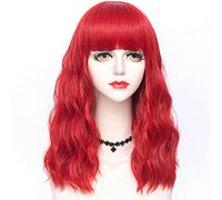 Parrucca 45 Cm Halloween Anime Party Cosplay Parrucca Resistente Al Calore Riccia Multicolore Media Lady Capelli Sintetici + Berretto Parrucche Grigie Per Donna (Rosso)