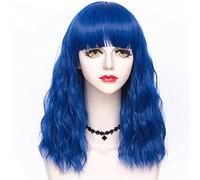 Parrucca 45 Cm Halloween Anime Party Parrucca Cosplay Resistente Al Calore Riccia Multicolore Media Lady Capelli Sintetici + Berretto Parrucche Grigie Per Donna (Blu)