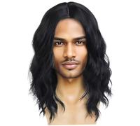 Parrucca a bilanciere, ondulatura medio roccia retrò disordinata mensa da uomo di seta ad alta temperatura realistica per la festa in costume di Halloween, nero, 12-14 pollici, estensioni dei capelli