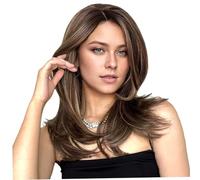 Parrucca a strati di capelli umani, 16 pollici lunghezza naturale della spalla parrucca marrone con frangia, capelli umani traspiranti resistenti al calore, sintetici evidenziati per le donne, decora