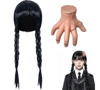 Parrucca Addams da donna, parrucca nera per Mercoledì, parrucca Addams | Parrucche sintetiche lunghe per cosplay, Mercoledì per Halloween, carnevale, costume gotico, set con mano e forcina