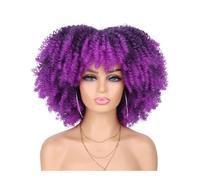 Parrucca afro anni '70 e '80 for donne nere, parrucca sintetica corta e riccia con frangia for l'uso quotidiano alle feste Extension per Capelli(Ombre purple)