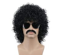 Parrucca afro da uomo corta e riccia, nera, con baffi e barba, stile rocker, stile californiano, per cosplay, Halloween, costume anime, festa (ne