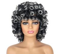Parrucca afro grigia da donna, capelli sintetici grigi argentati sfumati, ricci sciolti e naturali per donna, ricci crespi con frangia corta per cosplay di tutti i giorni