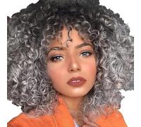 Parrucca afro grigia da donna, capelli sintetici naturali ricci ondulati grigio argento sfumato per donna, ricci crespi con frangia corta per