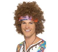 Parrucca Afro Marrone Anni '60 Con Foulard Costume Hippy Istantaneo
