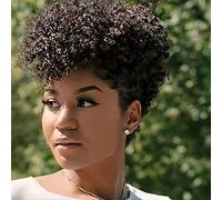 Parrucca alla moda con taglio pixie riccio e frangia - Capelli umani, cuffia in rete rosa per donne, perfetta per la Festa della Mamma, texture dei capelli naturale, taglio di capelli alla moda | Text