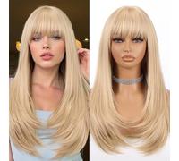 Parrucca Allbell bionda per donne, lunga e dritta, a strati con frangia, 22 pollici. Aspetto naturale, in fibra sintetica resistente al calore, ideale per uso quotidiano e feste