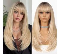 Parrucca Allbell marrone chiaro con riflessi per donne, lunga e dritta, a strati con frangia, 22 pollici. Aspetto naturale, in fibra sintetica resistente al calore, ideale per uso quotidiano e feste