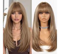 Parrucca Allbell marrone chiaro con riflessi per donne, lunga e dritta, a strati con frangia, 22 pollici. Aspetto naturale, in fibra sintetica resistente al calore, ideale per uso quotidiano e feste