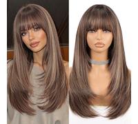 Parrucca Allbell marrone scuro con riflessi per donne, lunga e dritta, a strati con frangia, 22 pollici. Aspetto naturale, in fibra sintetica resistente al calore, perfetta per uso quotidiano e feste