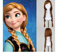 Parrucca Anna Frozen adulti principessa lunga castani lisci con treccia da donna