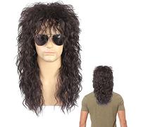 Parrucca anni '80, castano scuro con capelli lunghi e ricci, parrucca per cosplay, capelli castano scuro, resistenti al calore, parrucca a pelo lungo da uomo