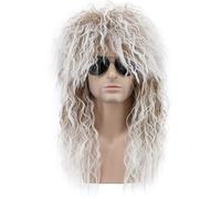 Parrucca anni '80, castano scuro con capelli lunghi e ricci, parrucca per cosplay, capelli castano scuro, resistenti al calore, parrucca a pelo lungo da uomo C e B