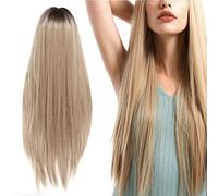 Parrucca anteriore in pizzo con frangia, parrucca per capelli biondi lunghi dritti donna, parrucca in fibra sintetica resistente al calore, per Le Donne Del Partito Del Costume Cosplay,70 cm