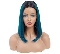 Parrucca Anteriore In Pizzo, Parrucche Brasiliane Diritte Per Capelli Umani A Caschetto Corto Per Le Donne Parrucca In Pizzo Natura E Ombre Blu Parrucca Per Capelli Umani Capelli Remy 150 Densità, 28