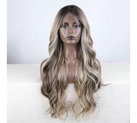 Parrucca anteriore in pizzo sintetico nobile con capelli ondulati per le donne da 28 pollici, parrucca in pizzo con riflessi castani ombre, parrucca in pizzo-N4-10-23B-613C-130%-parrucca con parte i