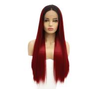 Parrucca anteriore in pizzo sintetico Ombre Red 13x4 Parrucche lunghe diritte in seta pre-pizzicate senza colla for le donne Densità naturale adatte for l'uso quotidiano(26inch)