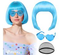 Parrucca azzurra con occhiali da sole a cuore e cuffia per capelli da donna, PLULON Parrucche corte a caschetto sintetiche colorate divertenti per cosplay, costume da addio al nubilato di Halloween
