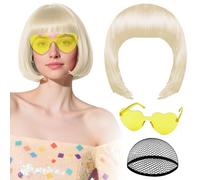 Parrucca bionda a caschetto con occhiali da sole a cuore e cuffia per capelli da donna PLULON Parrucche corte dorate a caschetto sintetiche colorate divertenti per cosplay addio al nubilato Halloween