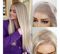 Parrucca bionda cenere con sfumature balayage marrone dorato, capelli naturali pre-spezzati e pre-tagliati, lunga e liscia, 13X4, lace frontale UHD, capelli naturali per donne, 55,88 cm, densità 180%
