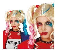 PARRUCCA BIONDA CON CODINI COLORATI ACCESSORIO CARNEVALE COSPLAY HARLEY QUEEN