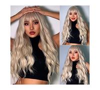 Parrucca bionda con frangia, parrucche lunghe a onde del corpo per donne bianche, capelli in fibra sintetica resistente al calore da 26 pollici per tutti i giorni/feste, parrucche di capelli cosplay