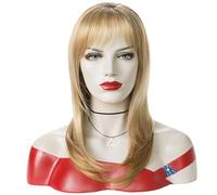 Parrucca bionda da donna, capelli lisci di media lunghezza alla moda, cuffia regolabile, capelli sintetici leggeri, rete rosa traspirante, ideale per l'uso quotidiano e migliora la forma del viso
