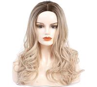 Parrucca bionda riccia lunga da donna a due toni marrone scuro radicato con parrucche di parte medio dall'aspetto naturale resistente al calore sintetico for le donne cosplay party wead quotidianament