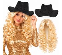 Parrucca bionda stella di campagna per adulti cappello da cowgirl nero vestit...