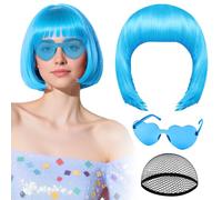 Parrucca Blu con occhiali da sole a cuore e cuffia per capelli da donna, PLULON Parrucche corte sintetiche colorate divertenti per cosplay per donne e uomini Addio al nubilato Halloween
