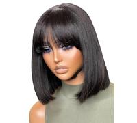 Parrucca Bob liscia e leggera con frangia Parrucche corte nere in pizzo HD realistico, pronta all'uso Parrucca Bob taglio smussato senza colla 10 pollici