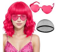 Parrucca Bob Ondulata Rosa acceso PLULON con Frangia Cuffia per Capelli Occhiali da Sole Forma di Cuore per Donna Ricci Lunghezza Spalle per Feste in Costume Aaddio al Nubilato Festival Musicali