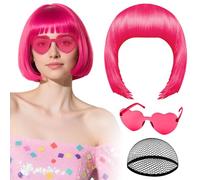 Parrucca Bob rosa shocking con occhiali da sole a cuore e cuffia per capelli da donna, PLULON Parrucche Bob corte al neon colorate e divertenti per cosplay da donna, addio al nubilato, Halloween