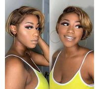 Parrucca capelli umani ricci da folletto corto da 6 pollici, parrucca for capelli umani ricci onda di pizzo 13X4X1, Attaccatura naturale for donne facile da indossare.(Gradient gold)