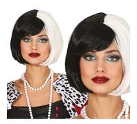 Parrucca caschetto bianco e nera accessorio per costumi e travestimenti da Crudelia carnevale halloween feste a tema cosplay
