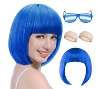 Parrucca Caschetto Blu,Parrucche Donna Corta con Frange,Parrucca Azzurra Corta,Parrucca Carnevale Set con Occhiali e 2 Cappuccio Parrucca Gratuito