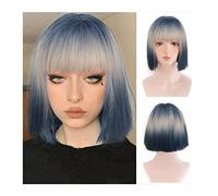 Parrucca Caschetto Corto Parrucca Con Frangetta Bionda Mista Blu Parrucca Bob Diritta Con Frangetta Parrucca Sintetica Resistente Al Calore Festa Di Halloween Cospaly Uso Quotidiano Parrucche Grigie