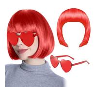 Parrucca Caschetto, Parrucca Bob e Set di Occhiali da Sole, Parrucca da Donna, Colorate Parrucca Set, Cosplay Colorata Posticci, per Spettacolo Teatrale, Carnevale, Halloween, Festa, Rosso