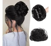 Parrucca Chignon, Chignon grande spettinato con fermaglio for capelli umani, estensioni for capelli ricci e ondulati,Parrucca Chignon Disordinato(Dark black)