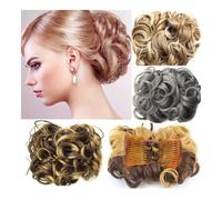 Parrucca Chignon, Chignon riccio sintetico con clip for capelli da donna con pettini e scrunchies,Parrucca Chignon Disordinato(Bright red)