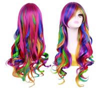 Parrucca colorata con riccioli lunghi, arcobaleno, parrucca da donna, ricci colorati, per carnevale, parrucca da donna, con cappuccio per parrucca, 28 pollici/70 cm, adatta per tutti i giorni, cosplay