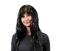 Parrucca con capelli neri decorata con strisce dorate e stelle
