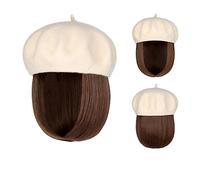Parrucca con Frangia Parrucca da Cappello Bob Hat Wig 9,5 pollici dritto corto sintetico Bobo parrucche cappello con capelli naturali Cappello con Capelli Attaccati per Donna(7)