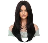Parrucca con frangia per tende da donna nera, lunga 61 cm, parrucca nera a strati, parrucca in fibra ad alta temperatura, cuffia regolabile con rete traspirante