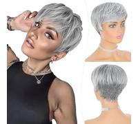 Parrucca con taglio di capelli Pixie grigio sfumato con frangia, parrucca a strati senza colla, parrucche ondulate da grigio a nero per donne