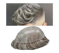 Parrucca copri calvizie da uomo Capelli grigi Sistema di capelli umani indiani Mens Toupee Posticci 0.1-0.12mm Tutto PU iniettato Pelle sottile Toupee ondulato naturale for uomo Parrucca da viaggio qu