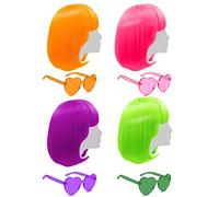 Parrucca corta a caschetto, 4 parrucche colorate, per cosplay, 30,5 cm, dritte, con frangia piatta, colore fluo, per donne e ragazze, bomboniere, addio al nubilato, feste in discoteca, con cuffia