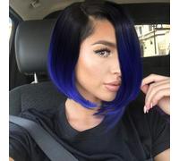 Parrucca corta a caschetto, parrucca sfumata, da nero a blu, con riga centrale, parrucca da festa per cosplay, 14 pollici, parrucca con taglio a