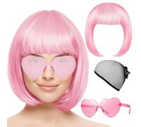 Parrucca corta a caschetto rosa, set con occhiali da sole a forma di cuore e cuffia per parrucca, parrucca rosa per costume cosplay per feste